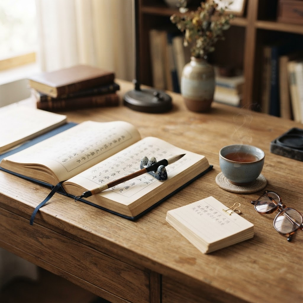میز مطالعه با کتاب زبان چینی و قلم خوشنویسی